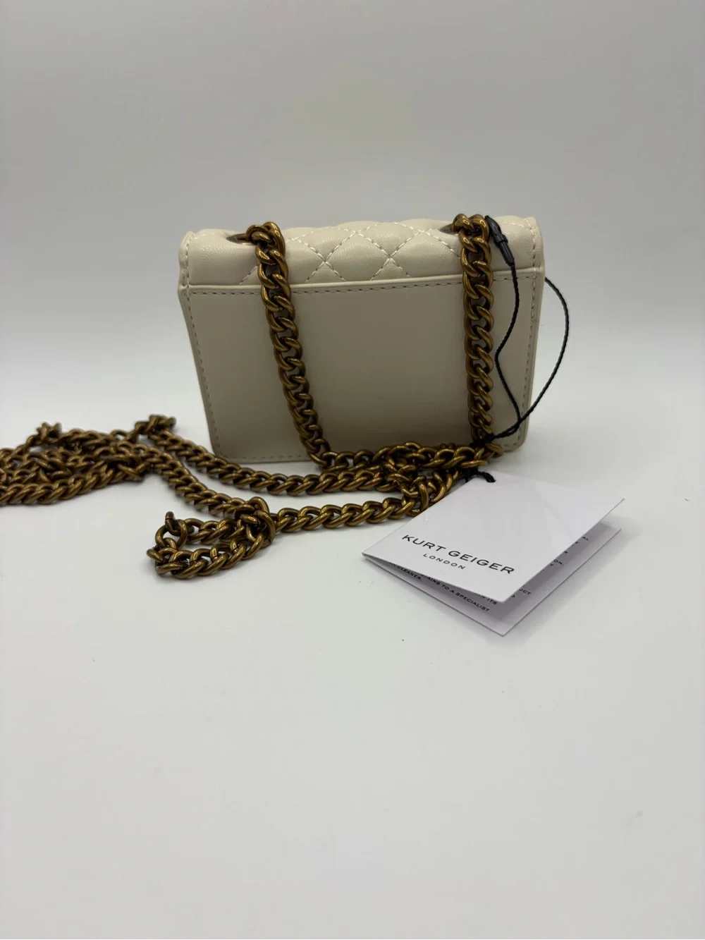 Kurt Geiger Cream Quilted Micro  Crossbody with Gold Chain